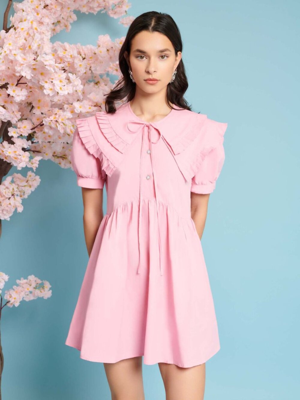 Sister Jane Pleated Double Ruffle Collar Tie Neck  Pockets Whimsy Dress Large